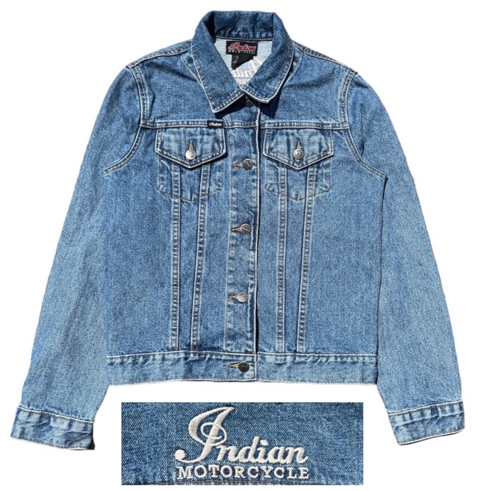 Indian Motorcycle Embroidered Denim Trucker Jacket Blue Jean Jacket Size Small